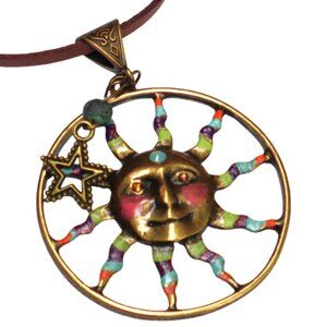 Large Antique Gold Boho Sun Pendant Leather Necklace Handmade Bohemian Jewelry